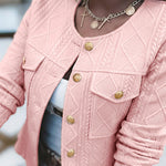 Women's French Style Cropped Jacket Round Neck Gold Button Coat Argyle Cable Jacquard Knit Outerwear