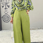 2 Pieces Outfit Abstract Print Cowl Neck Lantern Sleeve Stretchy Hem Crop Top and Casual Zipper Side Ruched Wide Leg Pants Set