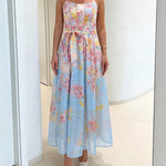 CHICME Women's Watercolor Floral Cami Dress Adjustable Straps High Waist A-Line Maxi Dress with Matching Belt