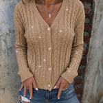 Women's Sequin Cable Knit Cardigan V Neck Button Down Slim Fit Long Sleeve Sweater