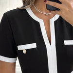 Women's Contrast Binding Notch Neck Pearl Detail Short Sleeve A-Line Mini Dress
