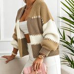 Women's Colorblock Knit Cardigan Chunky Knit Sweater Ribbed Trim Long Sleeve Casual Loose Knitwear