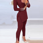 2 Pieces Outfit Mock Neck Long Sleeve Hollow-out Back Side Slit Longline Top and High Waist Slit Hem Pants Set Casual Pearls Decor Slim Fit Knit Lounge Set