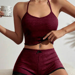 2 Pieces Colorblock Halter Contrast Lace Backless Tank Top & Waffle Knit Casual Shorts Sets