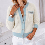 Women's Contrast Binding Knit Cardigan Pearl Beaded Textured Cropped Sweater Elegant Rhinestone Button Coat