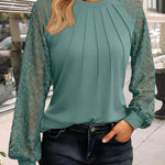 Contrast Lace Round Neck Lantern Sleeve Ruched Blouse Elegant Shirt