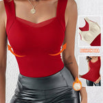 Sheer Mesh Spliced V Neck Sleeveless Built In Bra Tank Casual Warm Fleece Lined Slim Fit Top