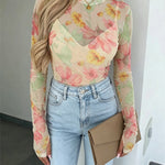 Women's French Style Watercolor Floral Print Mesh Top Long Sleeve Sheer Blouse See Through Slim Fit Tee with Thumbholes