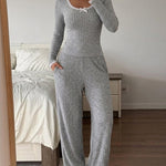 Women's 2 Piece Ribbed Lounge Sets Lace Trim Long Sleeve Top and High Waisted Pants Pajamas Sets with Pockets