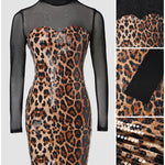 Leopard Print & Sequin Decor Mock Neck Sheer Mesh Spliced Bodycon Dress Zipper Back Mini Party Dress