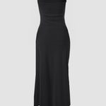 Sleeveless Ruched Cinched Waist Draped Bandeau Dress Eyelet Embroidery Slit Asymmetrical Hem Vacation Dress
