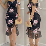 Women's Floral Mesh Slit Dress Rhinestone Pearls Decor Straps Cold Shoulder Ruffle Hem Dress Sexy Bodycon Party Dress