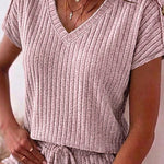 Women's Ribbed Knit 2 Piece Outfits V Neck Short Sleeve Top and Drawstring Shorts Set Casual Lounge Suits with Pockets