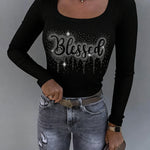 Women's Square Neck Ribbed Knit Top Long Sleeve Rhinestone Letter Slim Fit Tee Sparkly Party Top