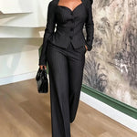 Women's 2 Piece Stripe Suit Elegant Sweetheart Neck Peplum Blazer and High Waisted Wide Leg Pants Business Outfits