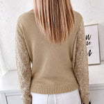 Women's Sequin Knit Sweater Loose Skew Neck Pullover Top Sheer Hollow Out Shimmering Long Sleeve Top