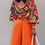 2 Pieces Outfit Multi-color All Over Print Cowl Neck Lantern Sleeve Stretchy Hem Loose Crop Top and Casual Elastic Back Waist Wide Leg Pants Set