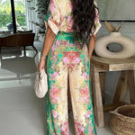 Vintage Floral Print Turn-down Collar Roll Up Sleeve Button Front Overalls Casual Drawstring Stretchy Waist Wide Leg Vacation Jumpsuit