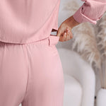 2 Pieces Outfit Turn-down Collar Turn-Up Sleeves Button Front Flap Pockets Design Top and Causal Zipper Fly Elastic Back Waist Wide Leg Pants Set