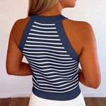 Women's Halter Neck Tank Top Striped Sleeveless Gold Button Contrast Binding Knit Top