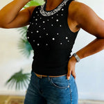 Women's Pearls Slim Fit Tank Top Sleeveless O-neck Ribbed Knit Tee