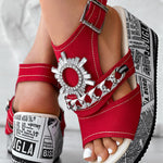 Newspaper Rhinestone Gear Pattern Slingback Platform Wedge Sandals