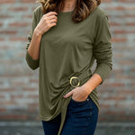 Women's Crewneck Long Sleeve Loose Fit Top Side Buckle Ruched Draped Tie Detail Casual Tee