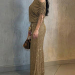 Women's Two-Piece Rhinestone Lounge Suit Skew Neck Top and Wide-Leg Pant Set Elegant Commuter Outfit with Pockets
