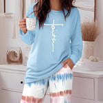 2 Pieces Outfit Letter Print Long Sleeve Top and Tie Dye Print Elastic Waist Pants Set Casual Pajamas Set