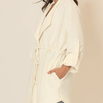 Women's Textured Drawstring Waist Lapel Coat Mid-length Roll Up Sleeve Button Front Trench Jacket