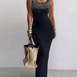 Women's Rhinestone U-Neck Maxi Dress Slim Fit Bodycon Sleeveless Long Knit Dress Elegant Evening Party Dress