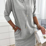 Stand Collar Drawstring Three Quarters Sleeve Casual Sweatshirt Dress
