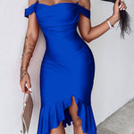 Women's Cold Shoulder Adjustable Pearls Straps Bodycon Dress Cowl Neck Asymmetrical Ruffle Hem Party Dress