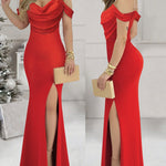 Cold Shoulder Pearls Strap Cowl Neck Evening Bodycon Dress Elegant High Slit Fishtail Maxi Dress