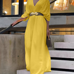 Deep V-Neck Ruched Three Quarters Sleeve Backless Overalls Casual Waist-Gathered Tied Detail Jumpsuit without Belt