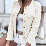 Women's French Style Cropped Jacket Round Neck Gold Button Coat Argyle Cable Jacquard Knit Outerwear