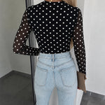 Women's Mesh Polka Dot Top Lined Sheer Long Sleeve Tee Crewneck Slim Fit Layering Under Base Top with Thumbholes
