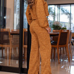 2 Pieces Outfit Fuzzy Knit Lantern Sleeve Cardigan and Casual Drawstring Wide Leg Pants Set