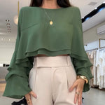 Round Neck Bell Sleeve Crop Top Casual Loose Fit Layered Blouse