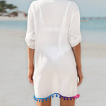 Turn-down Collar Roll Up Sleeve Tassel Hem Pompom Side Slit Straight Dress Casaul Dress