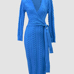 Cable Textured Overlap Deep V-Neck Long Sleeve Mid-Length Dress Tie Waist Slim Fit Knit Dress