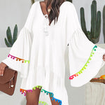 Colorblock V-Neck Bell Sleeve A Line Tassel Mini Dress Vacation Dress