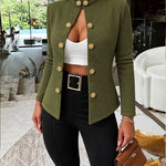 Women's Stand Collar Embossed Textured Jacket Double Breasted Gold Button Decor Coat