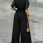 Women's Overlap V Neck Jumpsuit Butterfly Sleeve Wide Leg Romper Tied Waist Shirred Back Split Leg Overalls