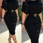 Women's Mock Neck Ribbed Knit Midi Dress Short Sleeve Turn-Up Cuffs Work Dress with Belt