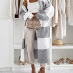 Women's Checkerboard Knit Cardigan Oversized Long Chunky Sweater Loose Lantern Sleeve Coat with Pockets