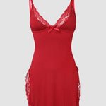 Lace Trim Adjustable Straps Side Slit Bowknot Decor Modal Cami Sleep Dress