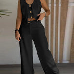 Women's Two Piece Outfits Faux Two Piece Sleeveless Crop Top and High Waisted Wide Leg Pants Elegant Matching Suit
