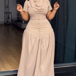 Single Breasted Decor Cowl Neck Short Sleeve Cinched Waist Maxi Dress Elegant Zipper Back Ruched Party Dress