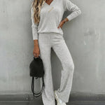 2 Pieces Outfit Button Decor V-Neck Long Sleeve Top and Elastic Waist Straight Leg Pants Set Casual Ribbed Set